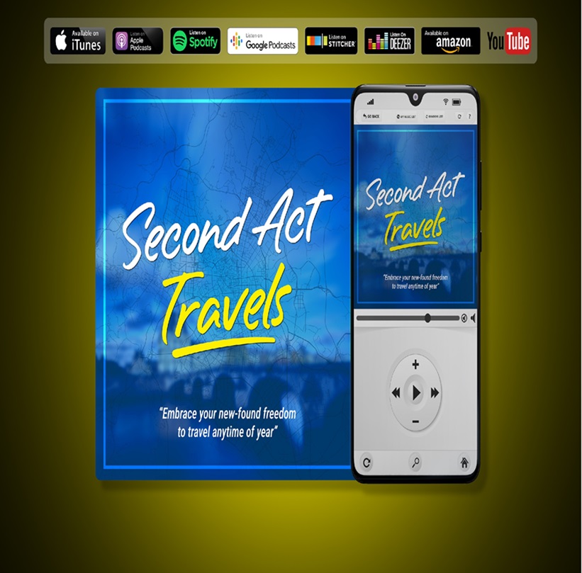 Digital artwork shows the title Second Act Travels with a smartphone displaying the same text. Below, a quote reads, Embrace your new-found freedom to travel anytime of year. Various media platform icons are at the top.