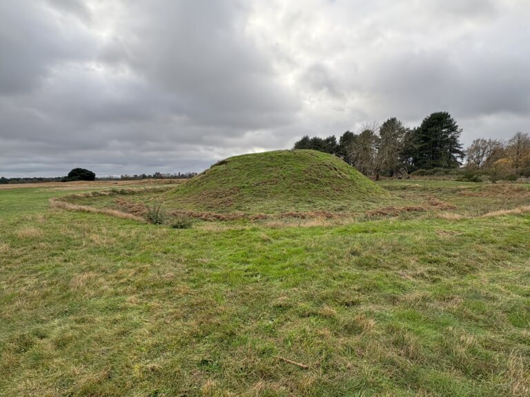 A grassy burial mound surrounded by flat, open grassland under a cloudy sky. Trees line the background, adding depth to the landscape.