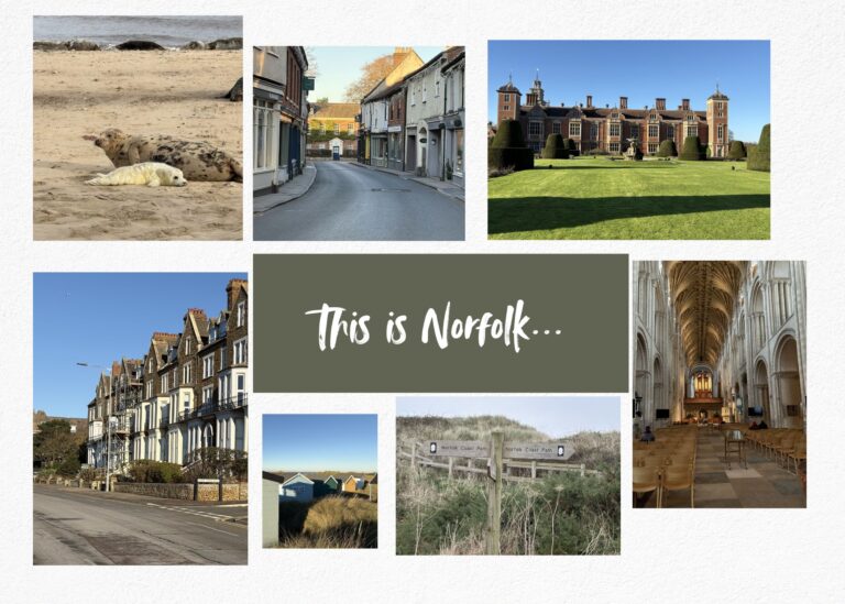 A collage featuring seals on a beach, a quaint street, Norfolk's grand mansions with gardens, townhouses, beach huts, dune paths, and the interior of a cathedral. The central text reads, This is Norfolk England...