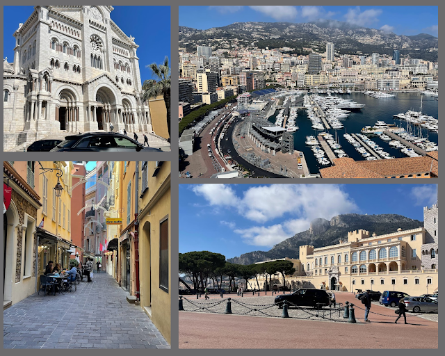 Collage of Monaco: Explore the French Riviera in the off-season. Top left shows Saint Nicholas Cathedral, top right displays a marina with yachts and surrounding buildings, bottom left features a narrow street with cafes, and bottom right showcases the Princes Palace against stunning mountain scenery.