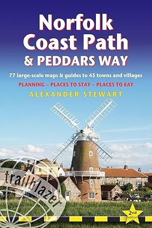 Book cover for Norfolk Coast Path & Peddars Way by Alexander Stewart, featuring a white windmill against a blue sky, yellow fields, red-roofed buildings, and a nod to the famous seals in Norfolk along this scenic route.