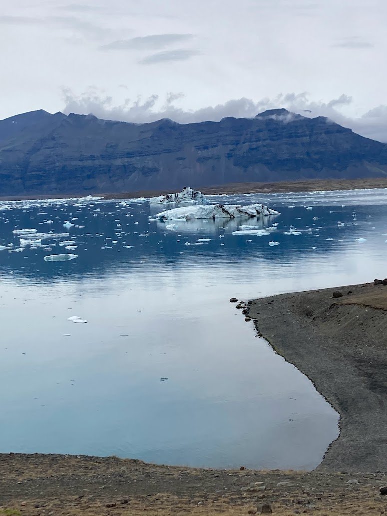 A calm lake with floating icebergs, surrounded by a dark rocky shore and distant mountains under a cloudy sky—a perfect scene for camping in Iceland along the Ring Road.