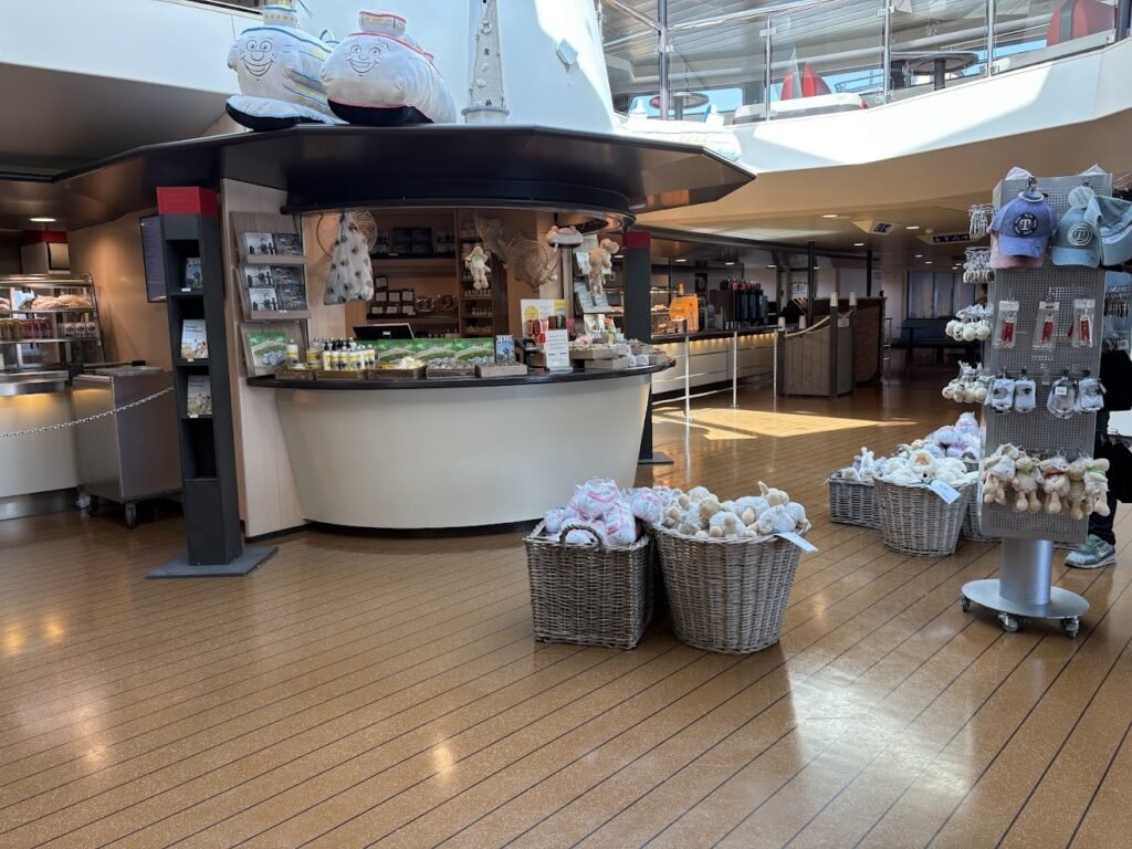 The TESO ferry from Den Helder to Texel Island is a quick 20 minute ride, but the ferry is incredibly comfortable. There's plenty of seating and viewing space, both indoors and outdoors. Here is the photo of the cafe and gift shop located in the center of the ferry.