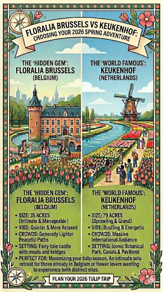 side by side comparison of floralia brussels and Keukenhof for the 2026 tulip season